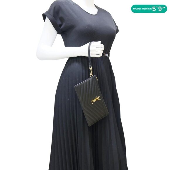 Yves Saint Laurent  Monogram Grain De Poudre Chevron Leather Zip Pouch Black - Picture 2 of 14